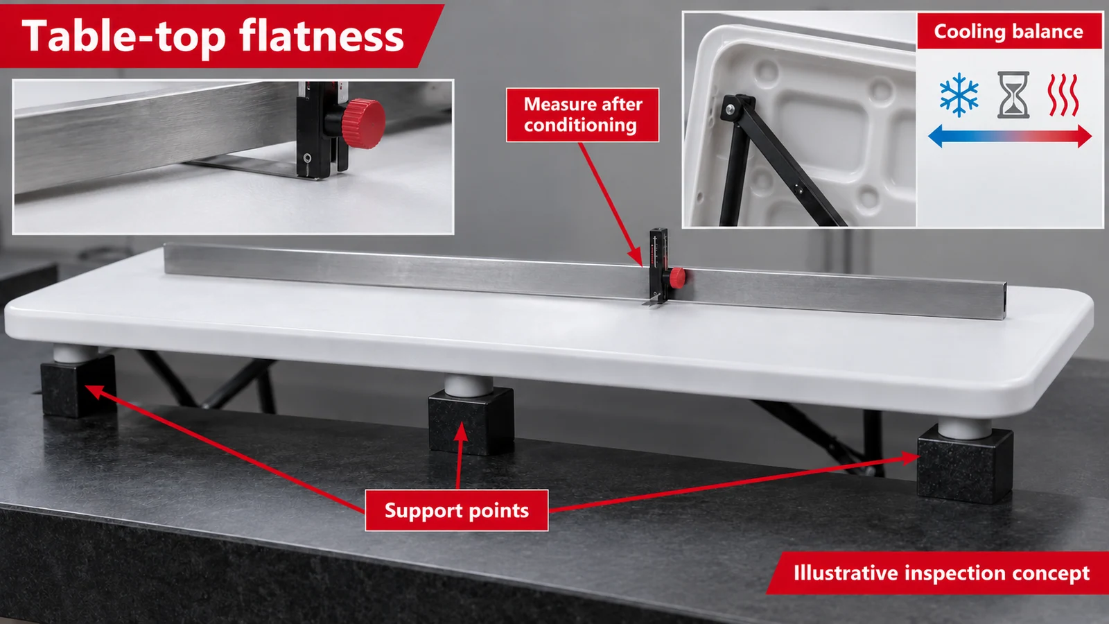Table-top flatness inspection concept with straightedge and support points