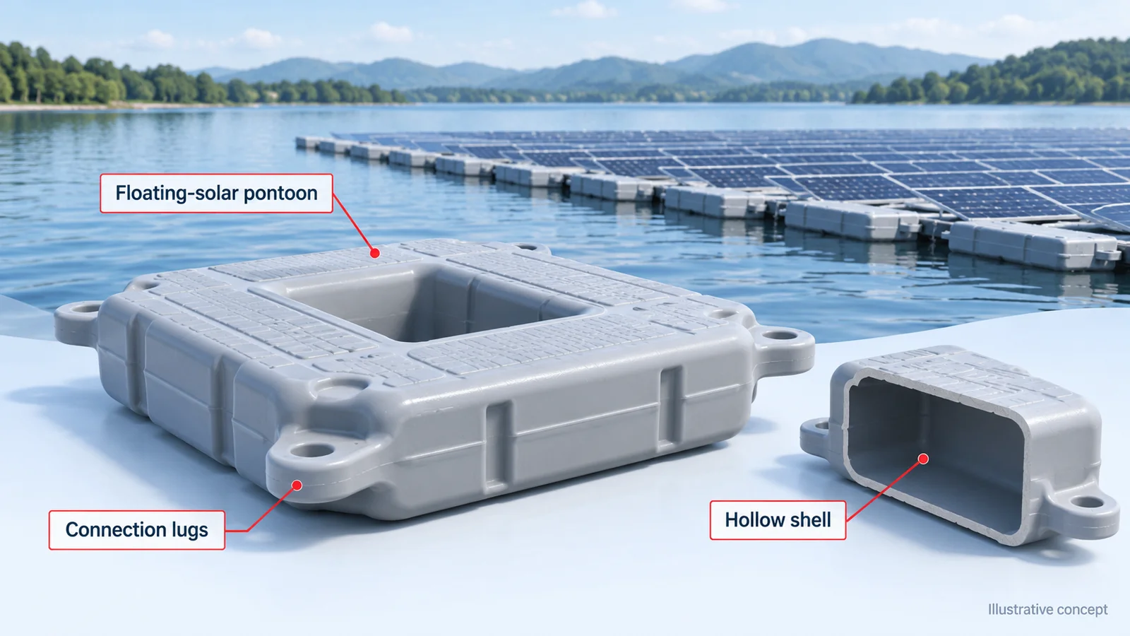Floating-solar pontoon concept showing a hollow shell and connection lugs