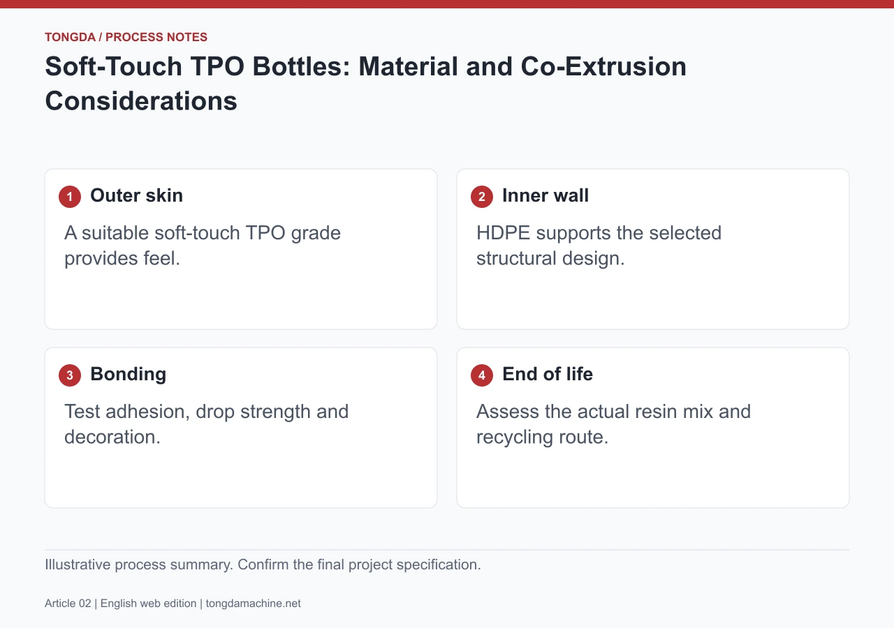 TPO outer skin, HDPE support wall, layer bonding and recycling checks for a soft-touch bottle