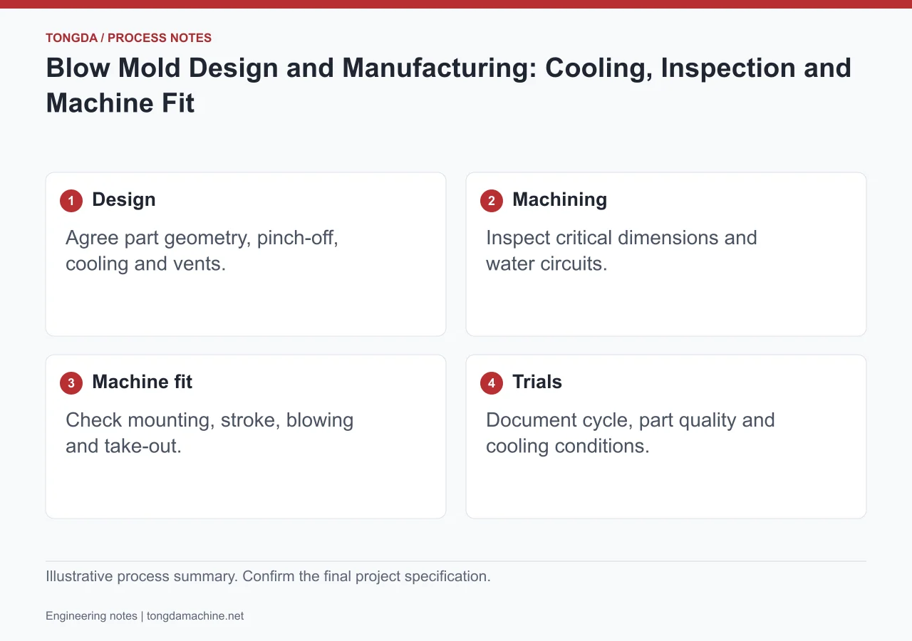 Blow mold development stages: design, machining, machine fit and production trials